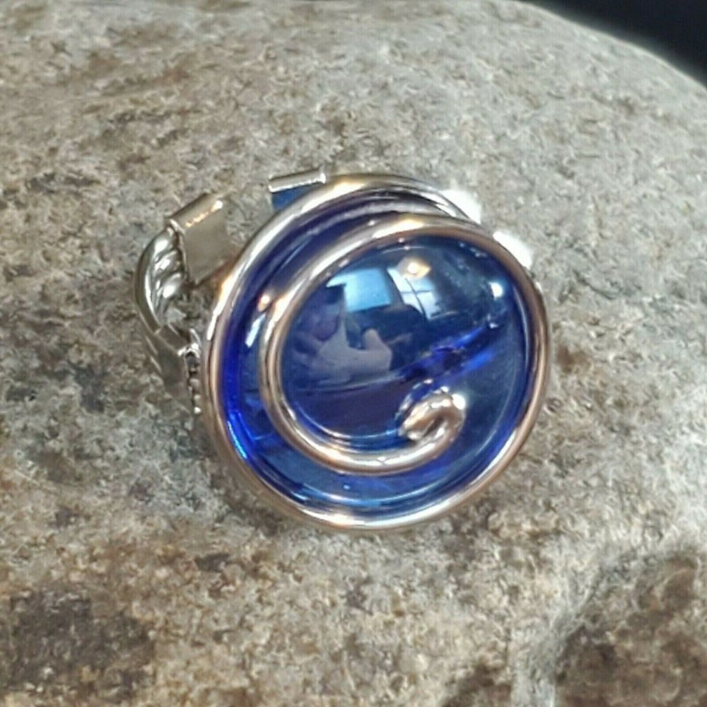 Handcrafted Edgy Cobalt Blue Silver Spiral Luster Glass Bauble Ring - Picture 2 of 8